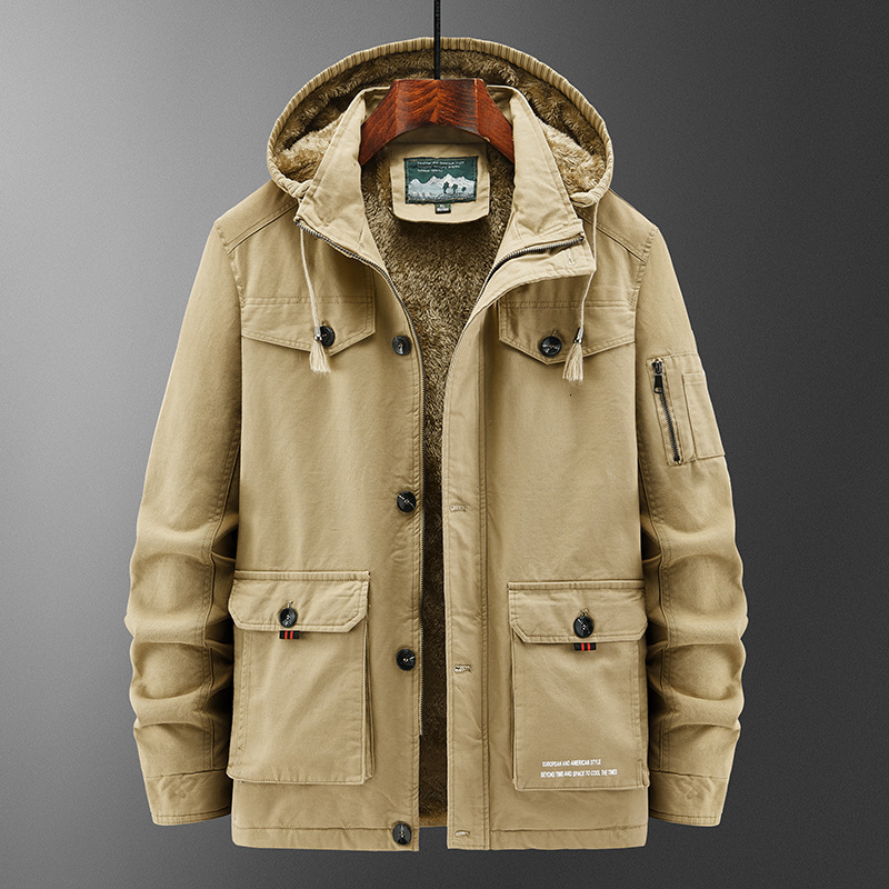 Foreign Trade Winter Cotton Jacket For Men, Oversized, Fleece-Lined, Thickened Coat, Workwear Jacket, Multi-Pocket, Hooded Top 5832