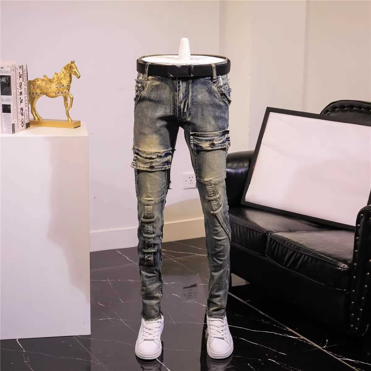 Trendy men's ripped jeans stylish and unique slim-fit skinny long pants with distressed patchwork and biker style S2608042RM2