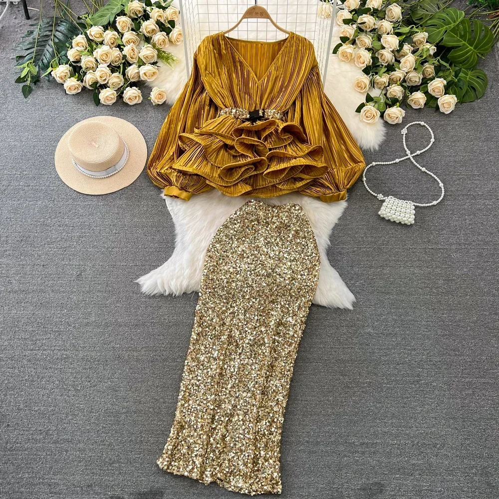 Fashion 2 Piece Sets Women Lantern Sleeve V-neck Ruffles Tops High Waist Bodycon Sequined Skirt Outfits Temperament Korean Suit 260805