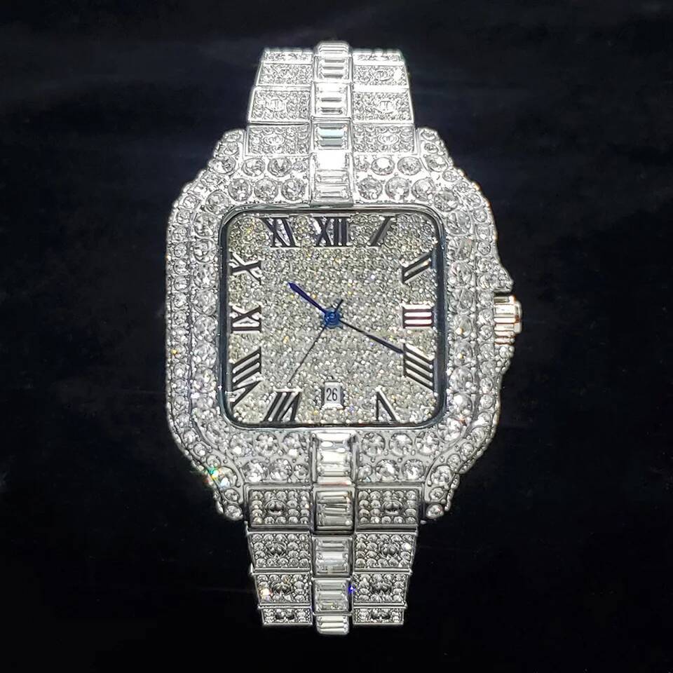 Luxury Diamond Watch for Men Hip Hop Style Bling Iced Out Wristwatch Fashion Square Stainless Steel Waterproof Clock 2024 26Y0805
