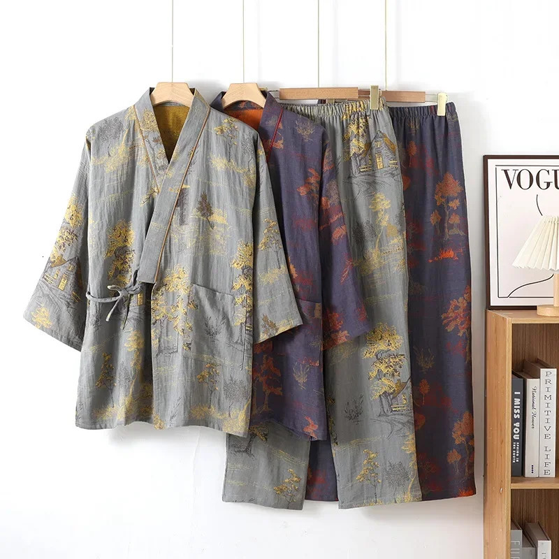 Mens Spring and Autumn Kimono Robes with Long Pants Pajamas Set Home Clothes Cotton Loose Pijama Masculino 260605banjia