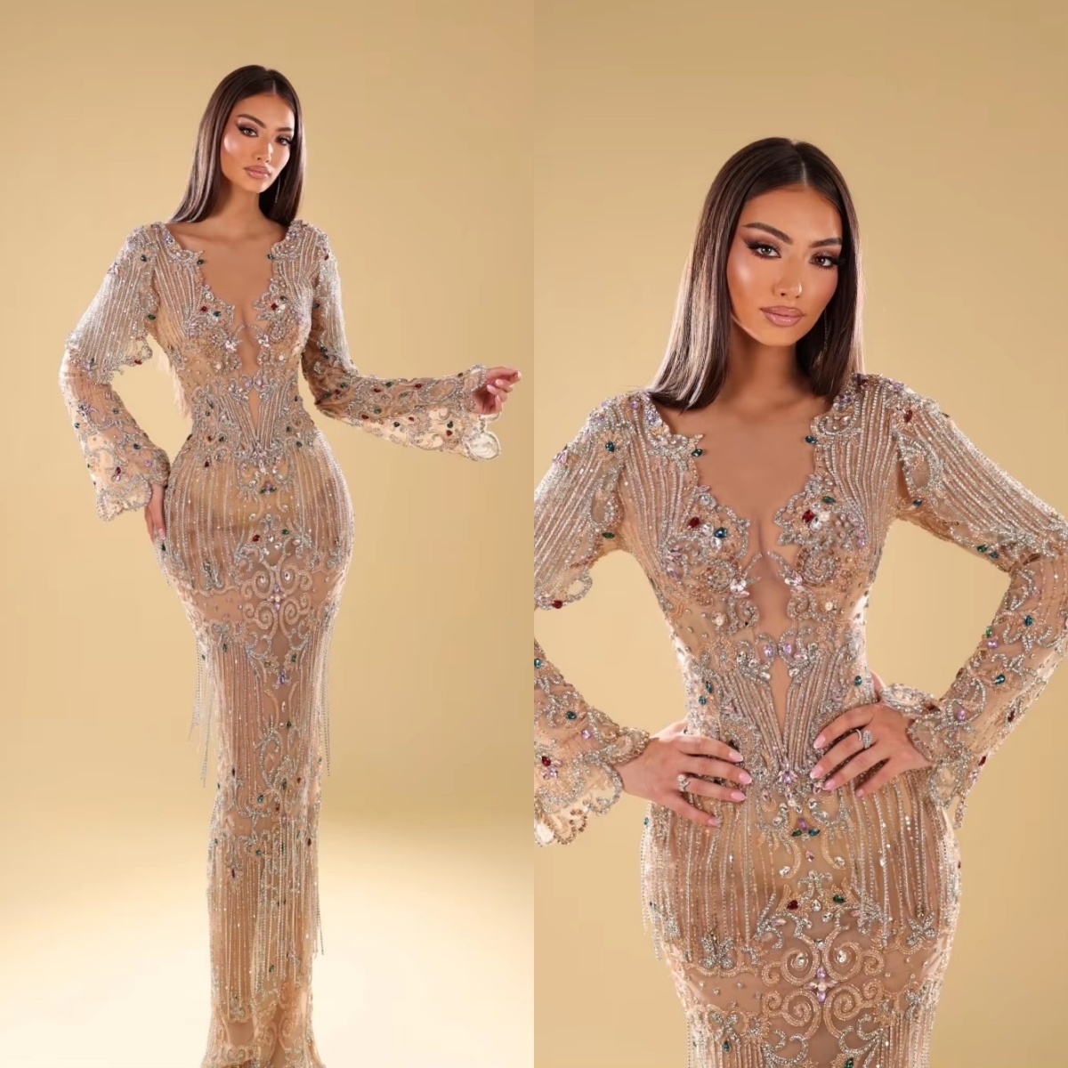 Modern Evening Dresses Illusion Rhinestone Mermaid Prom Dress Sequins Beading Long Sleeve Customized Party Gown Vestidos De Noche Plus Size