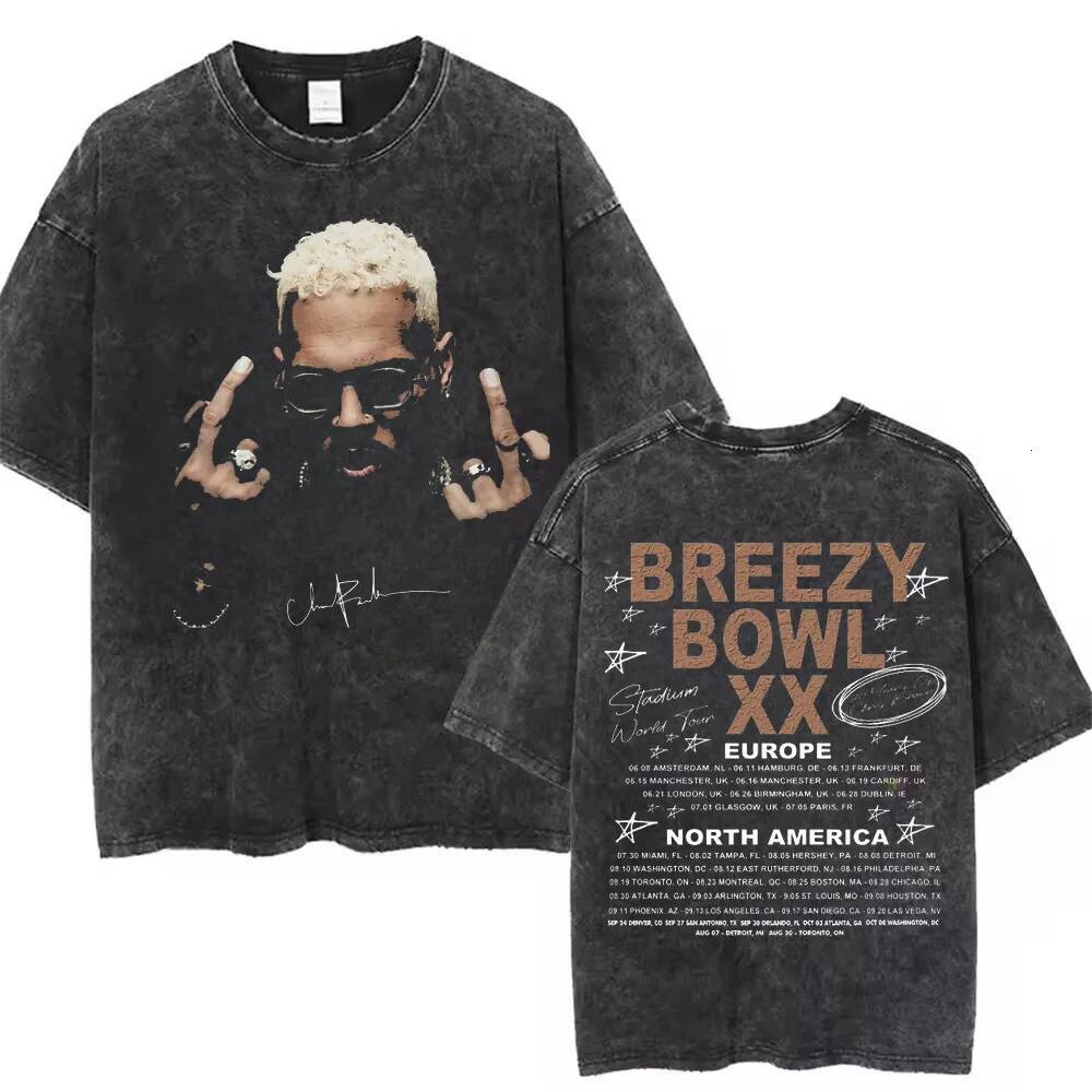 Chris Brown Breezy Bowl XX Concert Cotton Tee Tour Washed T Shirt Vintage Gothic Top Men's Portrait Hip Hop Streetwear 26Y0805