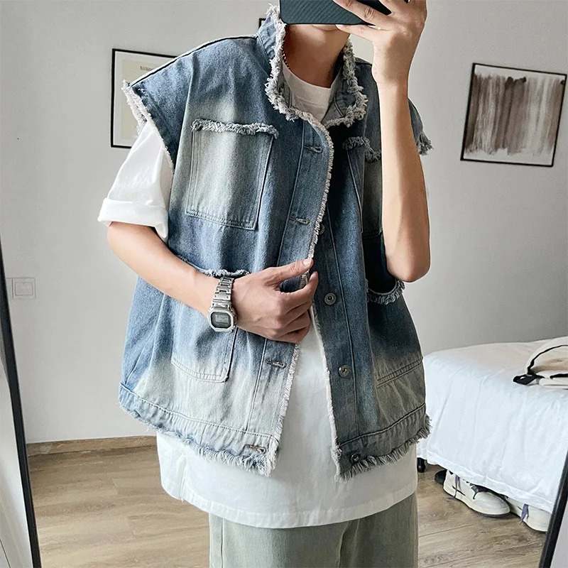 Korean Style Men's Denim Vest Jacket Asymmetrical Hemline Sleeveless Summer Fashionable Casual Loose Fit for Couples 260803