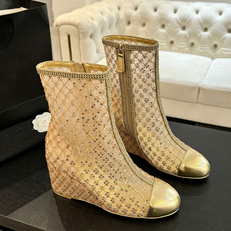 Ladies Knit Ankle Boots Womens Glitter Fashion Boot Designer Wedge Heel Ankle Boot Side Zipper Golden Luxury Brand Casual Boots Genuine Leather Outs