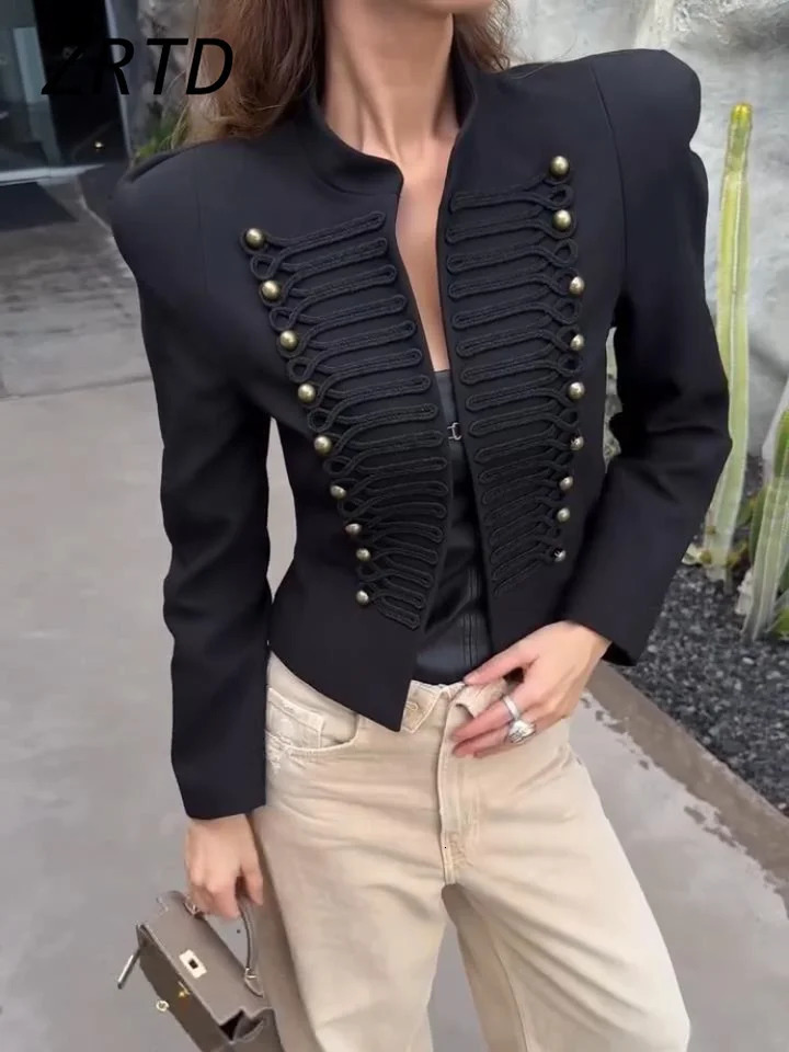 Elegant Womens Cropped Black Napoleon Coats Shoulder Pads Stand Collar Full Sleeve Jacket 2026 Autumn Lady Chic Commute Outwear 260731