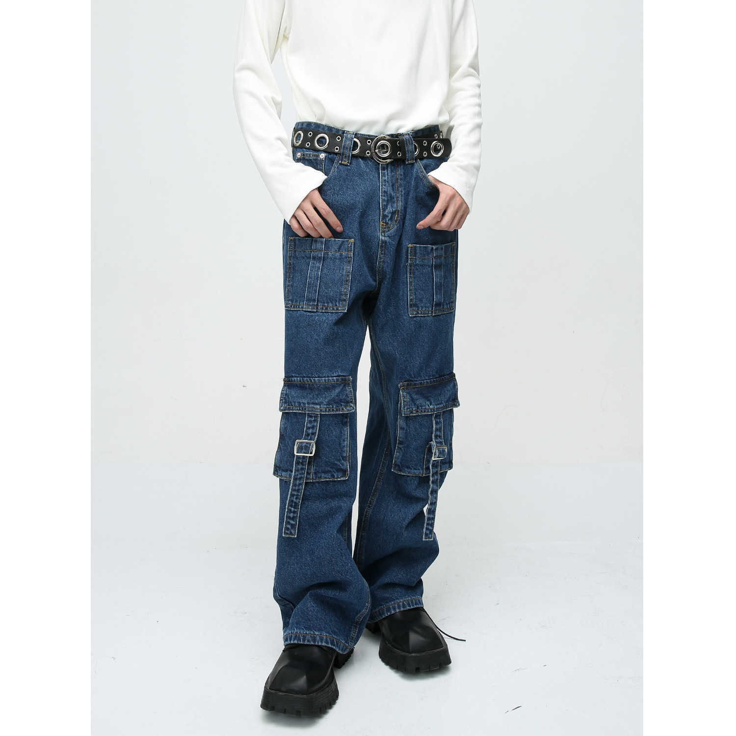 MTLCLOTHES Men's Clothing|2023 Fall Street Style Multi-Pocket Patchwork Design Wide-Leg Cargo Jeans S260804P0XH