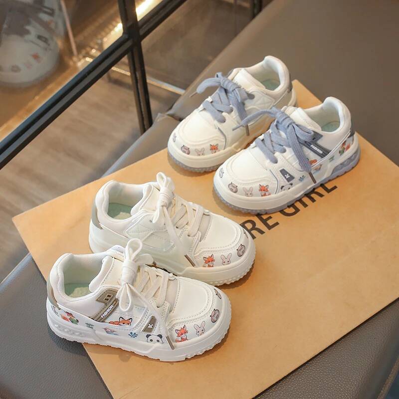 2026 Spring New Children's Low-Top White Shoes Cute Cartoon Animal Print Casual Sneakers for Boys and Girls 26Y0805