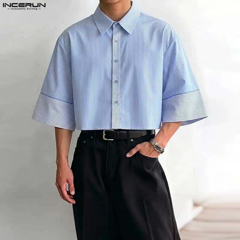 INCERUN Men's Shirt Striped Patchwork Lapel Half Sleeve Loose Men Clothes Summer Streetwear 2026 Fashion Crop Tops For Man S-5XL Z260805