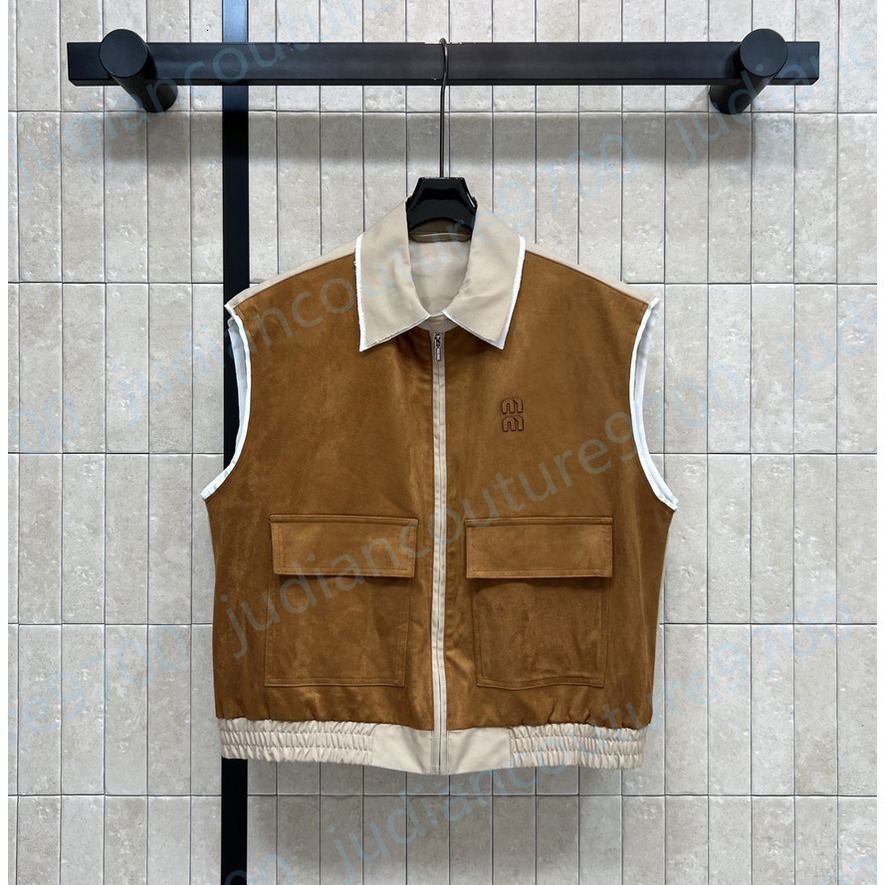 Suede Mius Jacket Designer Women Cropped Collared Zip Sleeveless Vest Jacket Embossed MiusLogo Elastic Hem Vintage Luxury Layer Casual Fashion Jacke