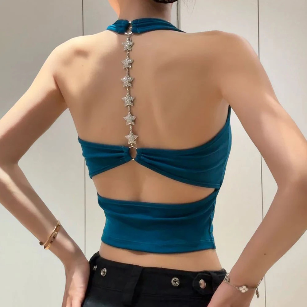 Sexy Strapless Backless Vest Women Summer Star Chain Chic Cutout Tank Tops Hanging Neck Sleeveless Harajuku Y2K Camis Top 260801