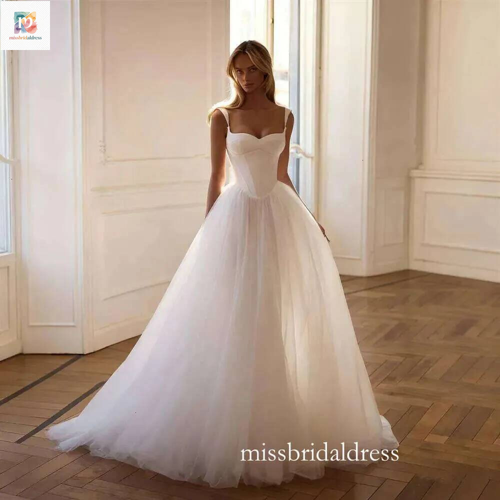 Customized Sweetheart Neckline Spaghetti Straps A Line Simple Wedding Dress Lace Up Back Floor Length Sweep Train Summer Boho Beach Gown For Bride W