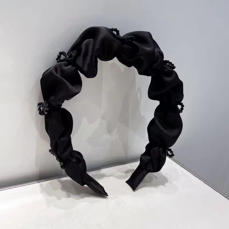 Buy 1 Get 1 Free French Style Fashion Solid Color Black Satin Ruched Wide Headband High-end Crystal Volume Enhancing Elegant Hair Accessory for Wome