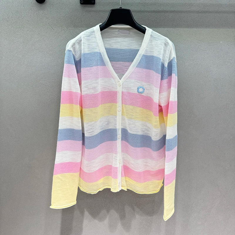 Designer Women Rainbow Stripe Knit Cardigan Embroidered V Neck Elegant Buttons Front Knitwear Autumn Summer Vacation Beach Date Sunscreen Shirts