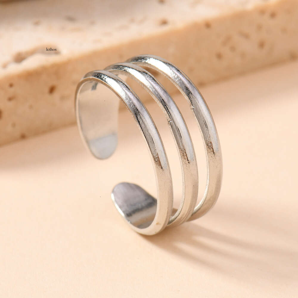 bestseller titanium steel geometric stylish simple oil-pressed three-line open ring versatile and unique couple's ring