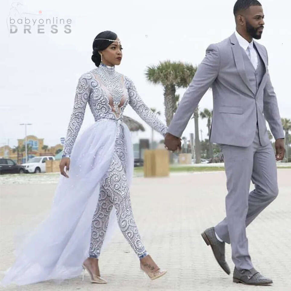 Dress Gorgeous Jumpsuits With Detachable Train High Neck Beads Crystal Long Sleeves Modest Wedding Dresses African