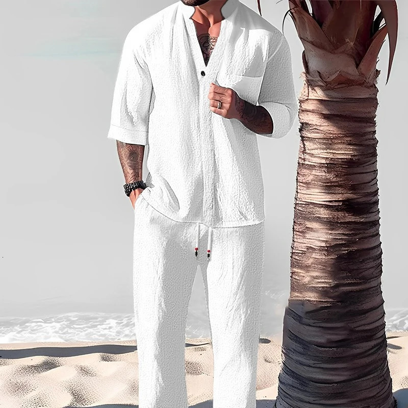 Casual Cotton Linen Two Piece Men Set Fashion Loose V Neck Half Sleeve Tops And Trouser Suits Mens Beach Style Clothing Summer 260805