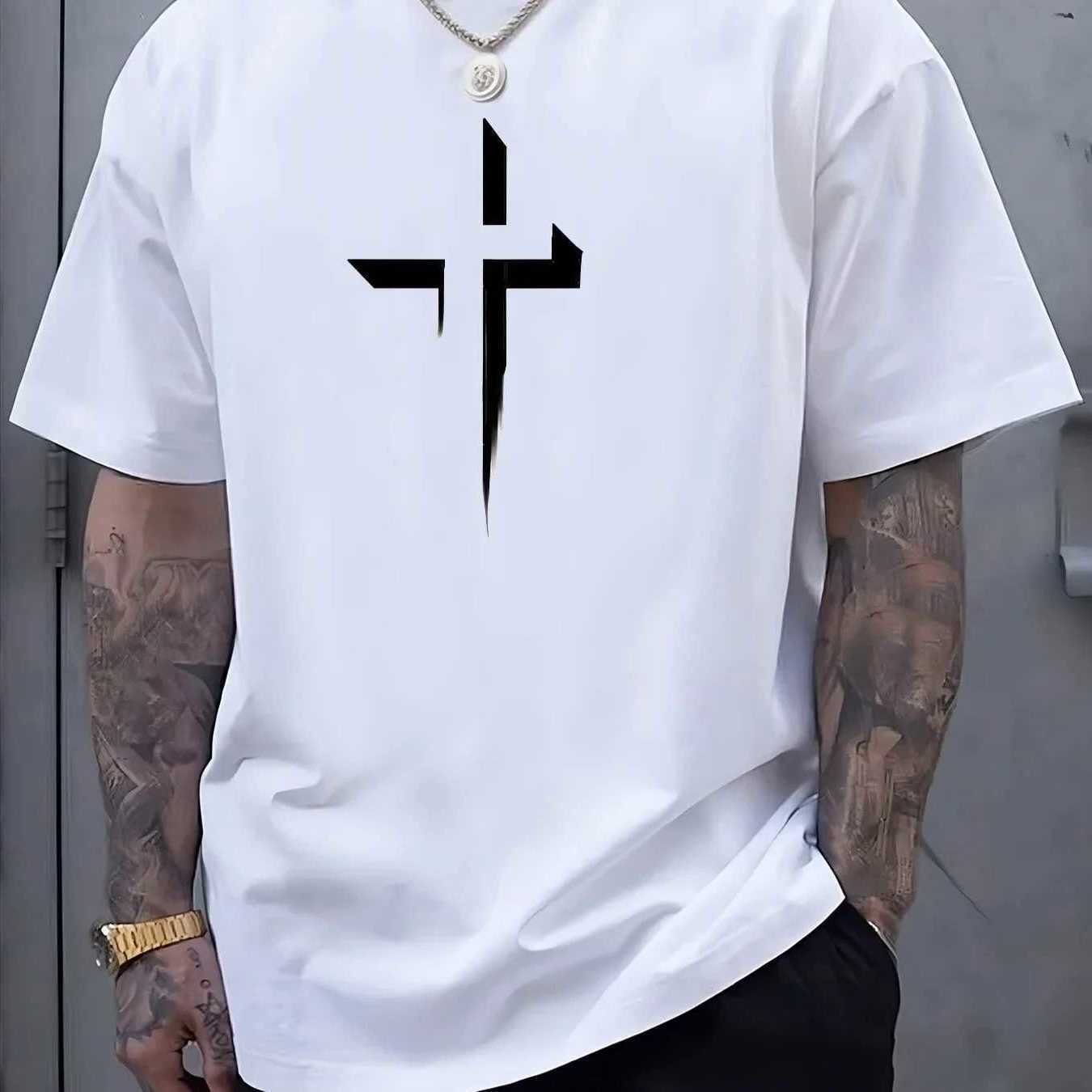 mens Summer 100 pure cotton casual loose plus size Cross Creative printed sports comfortable round neck short sved T-shirt D260805