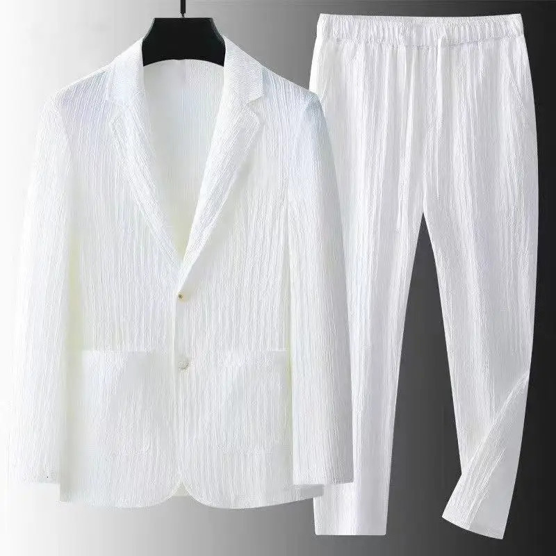Men's Summer Suit 2 Piece Lightweight Linen Blazer Slim Blazer Jacket Pants Casual Business Thin Clothing Breathable Set 260805