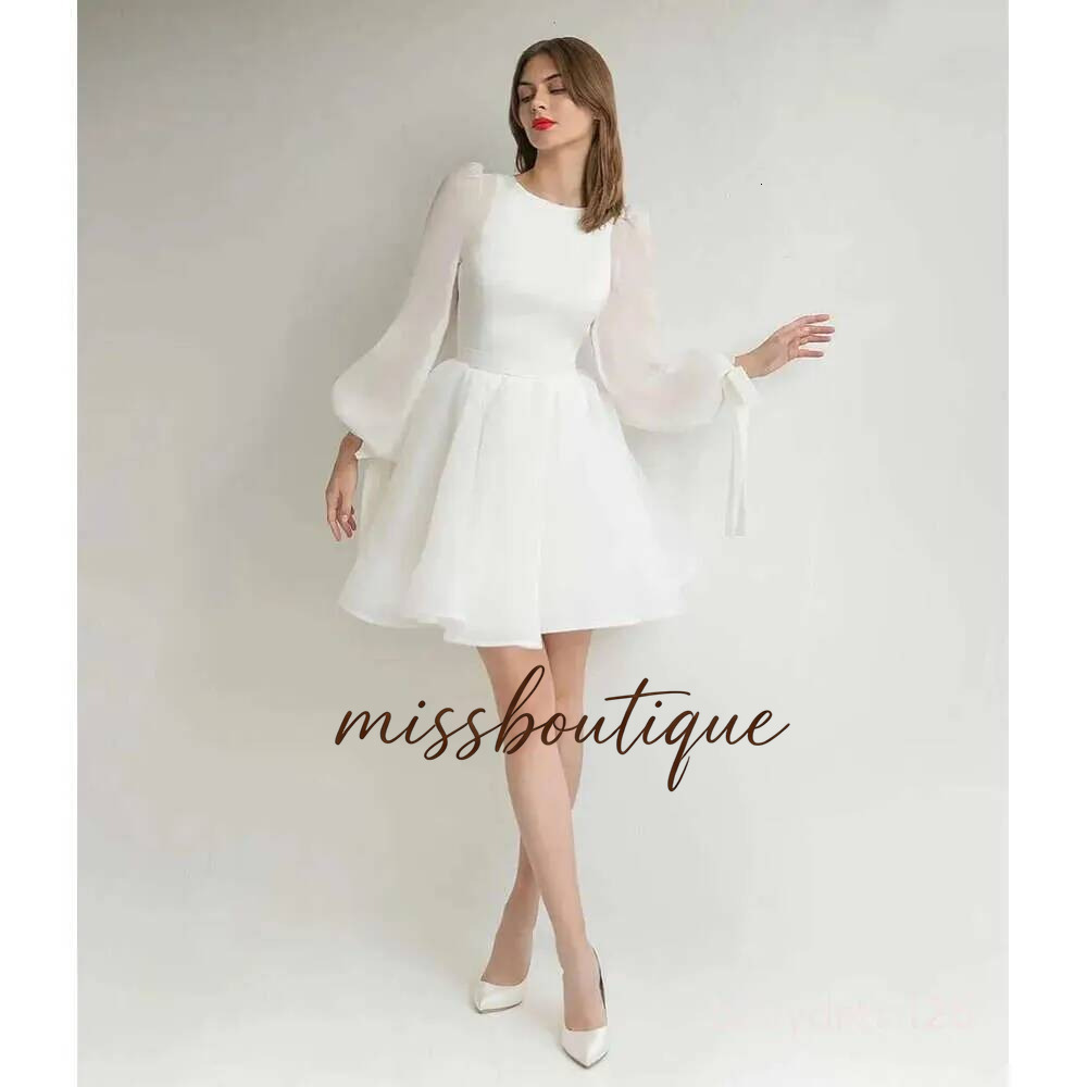 2024 Elegant Short Organza Wedding Dress O Neck Puffy Sleeves A Line Knee Length Bridal Party Gowns With Bow Robe De Soiree For Women Chic Zd19 Q84