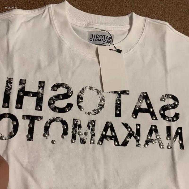 T Men's Shirts Real Po SATOSHI Tshirts Vintage Distressed Faded Letter Print Rivets Breathable Cotton Round Neck Short Sve Men Women Tops D2608