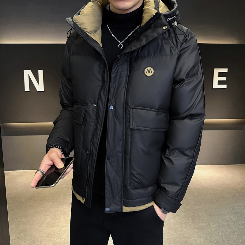 Men's Hooded Winter Down Coat, Preppy Black Parka Jacket with 50% White Duck Down Filling - Thick Wool-Polyester Lining, Loose Fit, Three-Quarter Sl