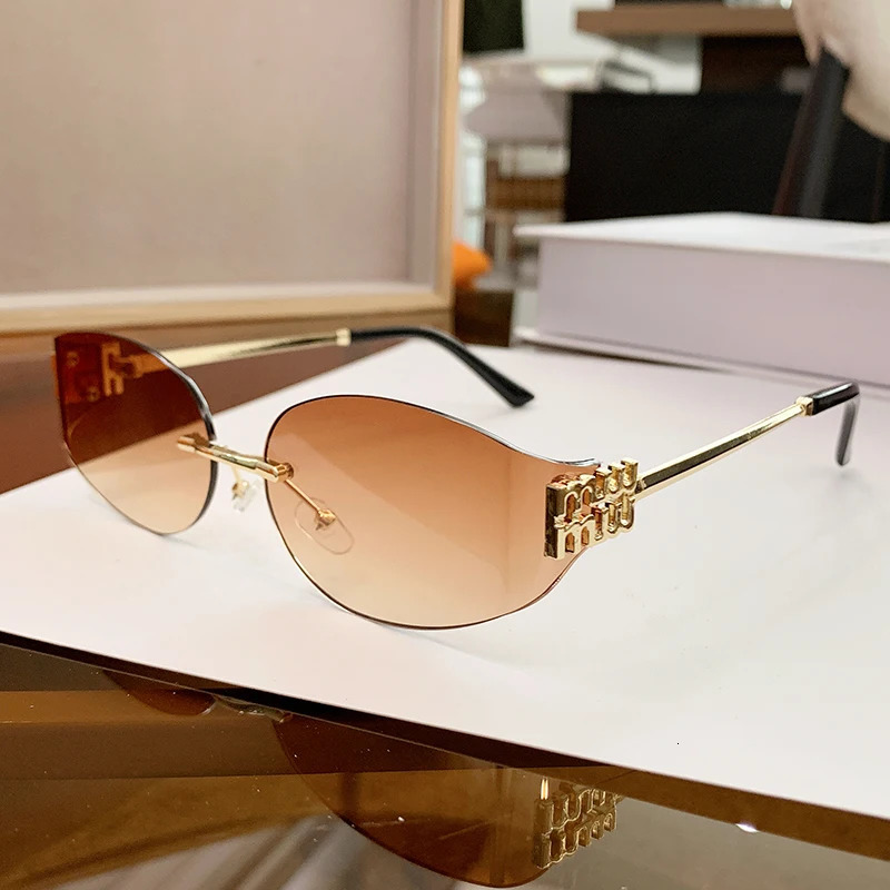 Rimless Oval Sunglasses Women UV400 Oversized Gradient Black Lenses Metal Frame Punk Decorative Glasses Men Goggles Female 260805