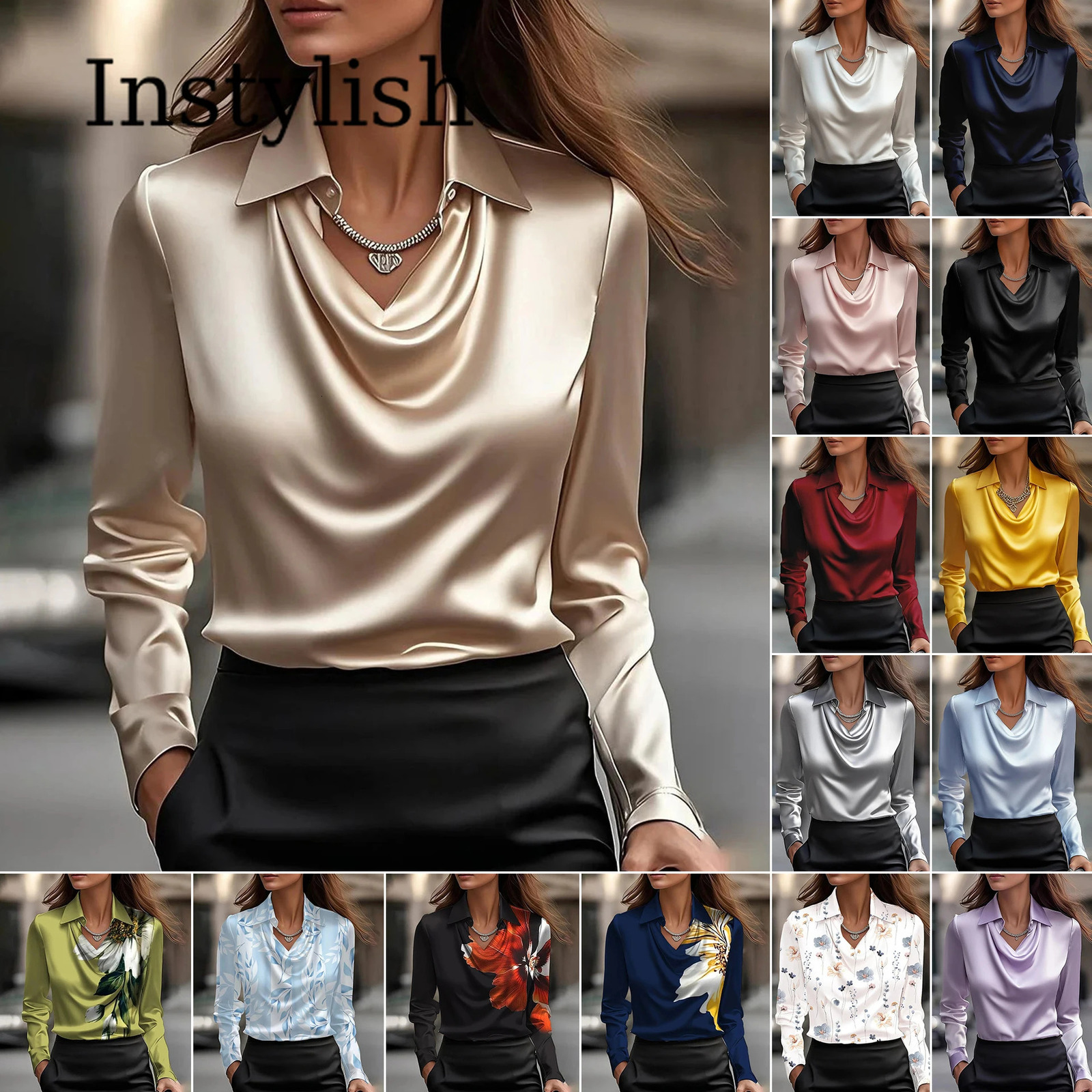 Women Long Sleeve Lapel V Neck Satin Blouse Elegant Solid Loose Shirt Spring Summer Simple Chic Offce Lady Tops Silk Shirt 260805