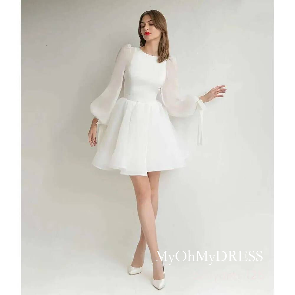 2024 Elegant Short Organza Wedding Dress O Neck Puffy Sleeves A Line Knee Length Bridal Party Gowns With Bow Robe De Soiree For Women Chic Zd19 Y84