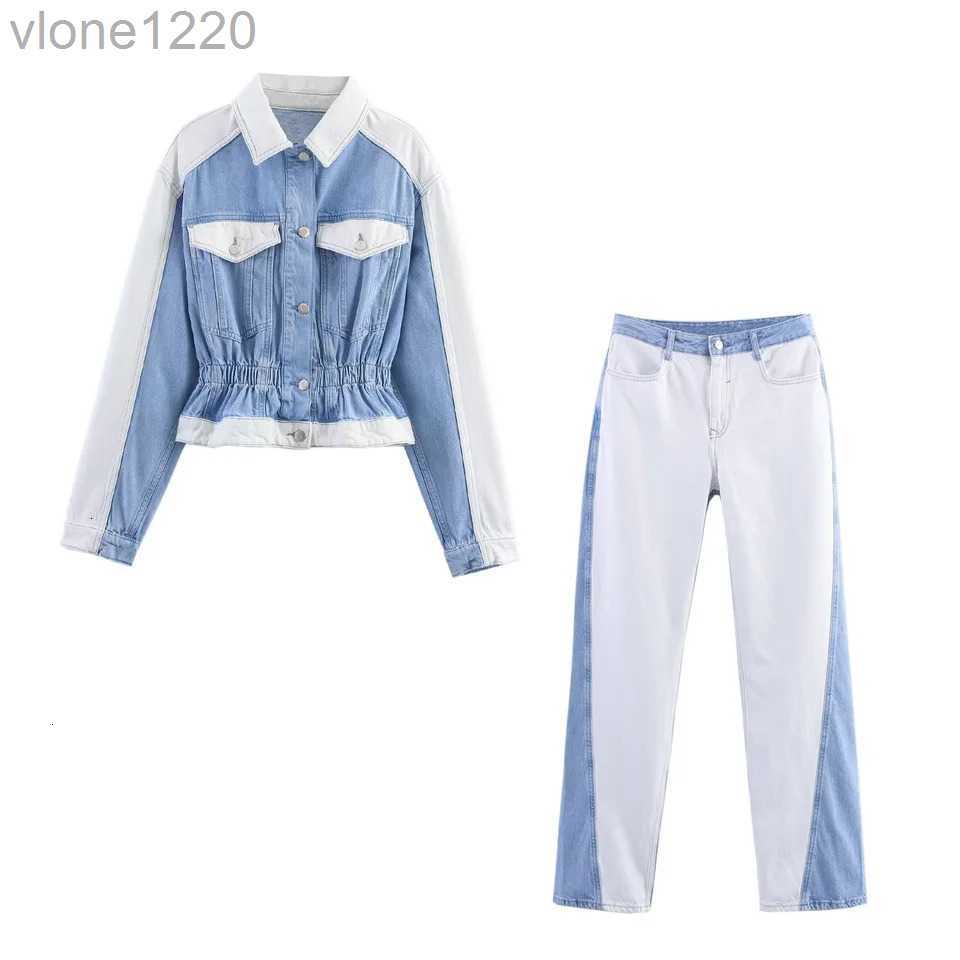 BSKTRAF autumn womens casual fashion contrast color lapel long-sleeved short denim top straight trousers 251113