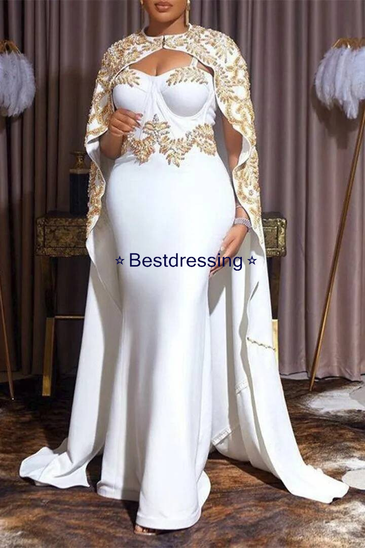 Luxury Beaded Arabic Dubai Evening Elegant White Satin Corset Mermaid Formal Event Gowns With Long Cape Wrap Women Plus Size Prom Dresses Robe De So