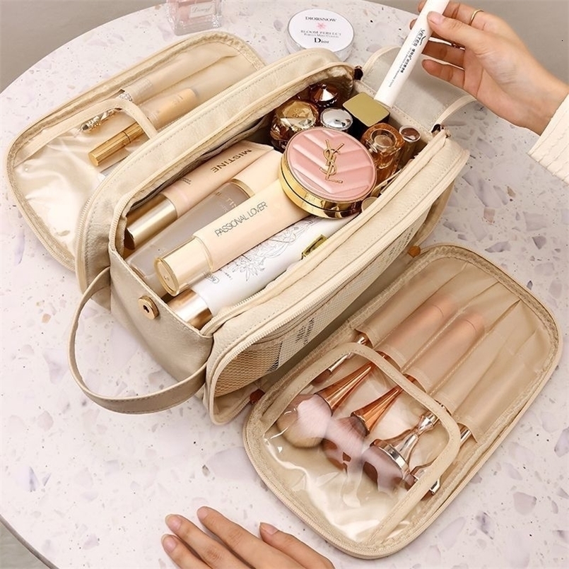 Multifunctional Makeup Bag For Women PU Leather Large Capacity Portable Double Zipper Travel Brush Toiletries Storage 260728