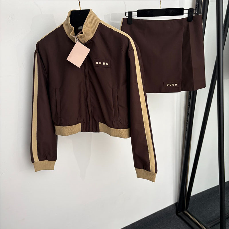 Letter Embroidered Cropped Jacket Skirt Set For Women Designer Contrast Color Stand Collar Jackets High Waist Mini Skirts Street Retro Outfits