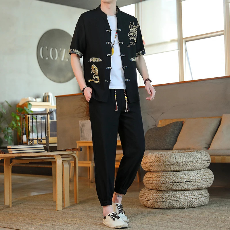 ShirtsPants summer Cotton and linen elastic waist Sportswear Men's Casual Sets Male trousers and shirt men size M-5XL 260805