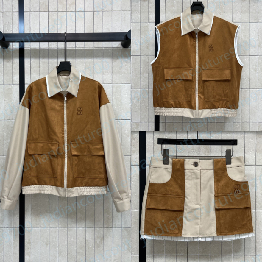 miusLogo Womens Jackets Color Blocking Suede Splicing Zip Up Jacket Vest Mini Skirt Vintage Lapel Collar Elastic Hem Brand Embroidery Fashion Co Ord