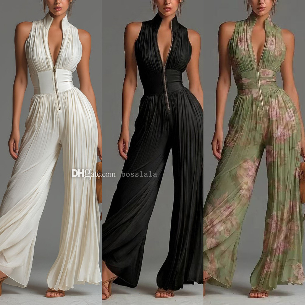 Womens Jumpsuits Rompers Totes New Fashionable Sexy Pleated Halter Neck Jumpsuit Pleated White Long Wide-Leg Pants for Women