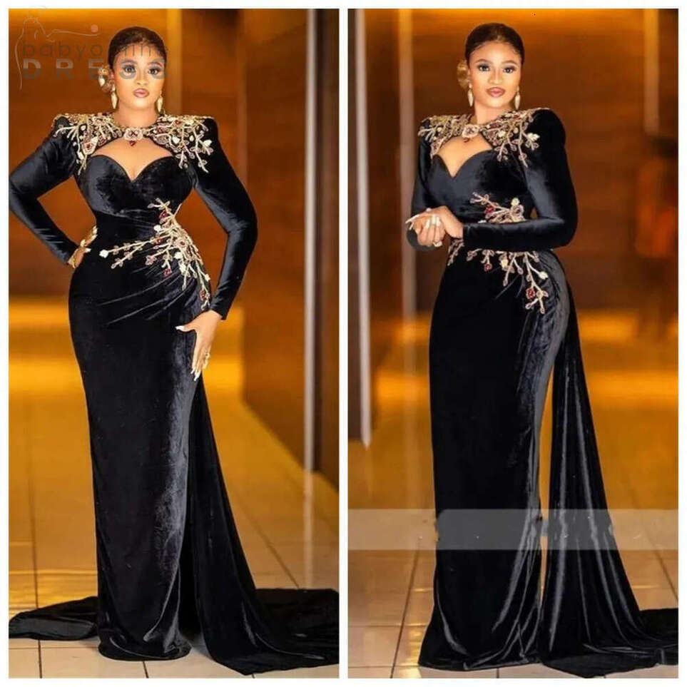 Luxury Black Velvet African Mermaid Evening Dresses Beaded Crystal Two Piece O Neck Plus Size Prom Gowns For Nigeria De Gala
