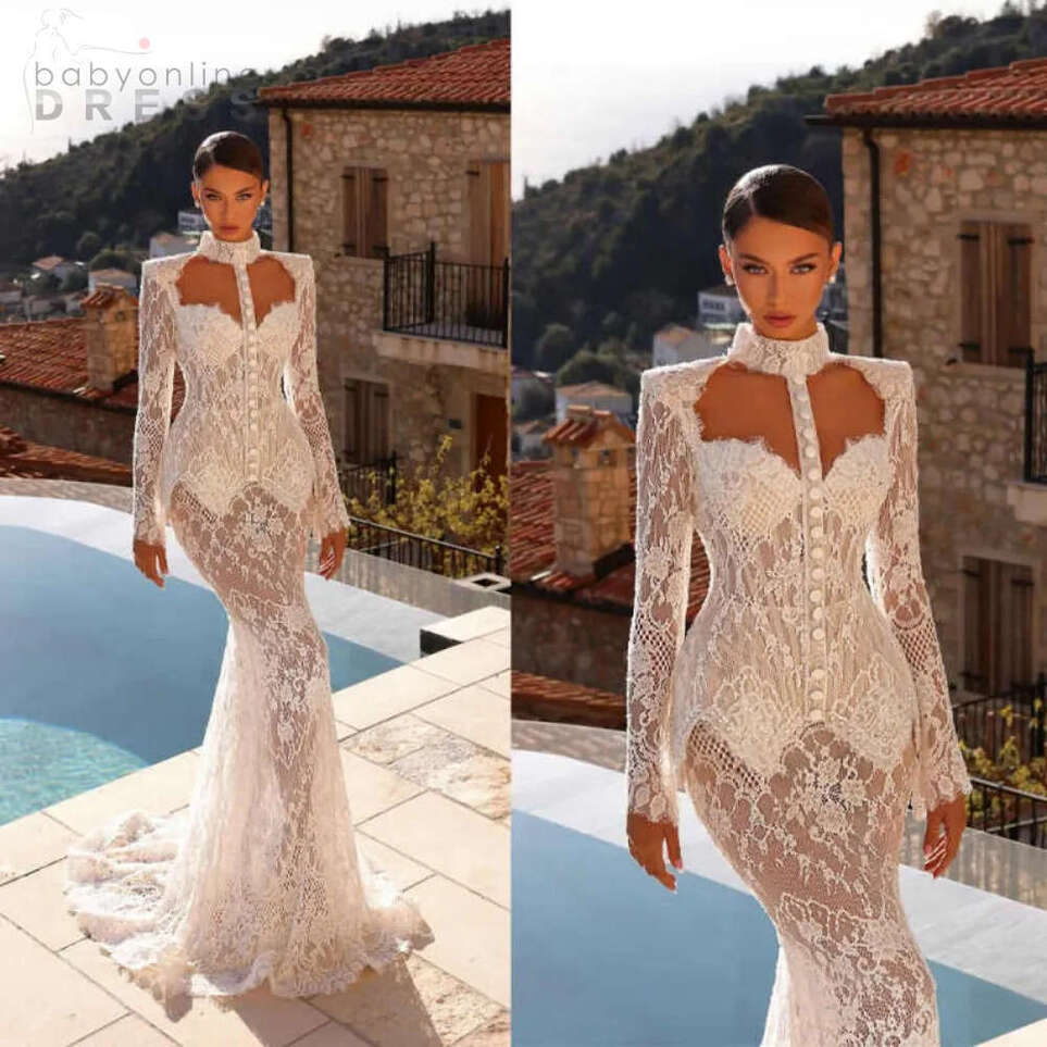 Beach Mermaid Wedding Dresses For Women High Sheer O Neck Lace Appliques Long Sleeve Bridal Gowns Customized Vestido