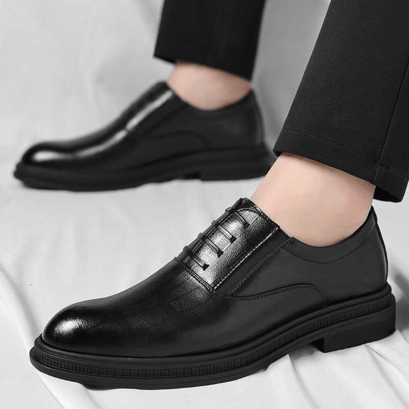 Genuine Leather Textured Slip Black On Formal Business Office Groom Wedding Daily Wear Shoes Fashion Simple Increase Height H260805