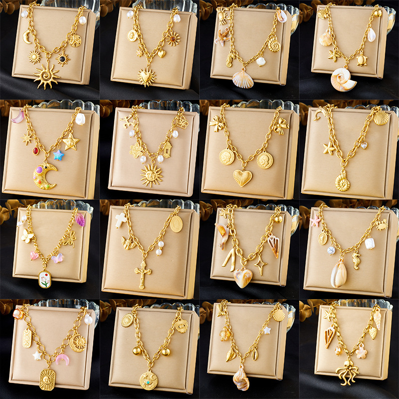 Stainless Steel Shell Starfish Pendant Necklace Delicate Fashion Ocean Style Waterproof Metal Collar Jewelry Gift