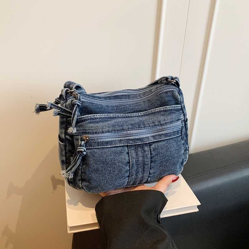 Multi-pocket Women's Denim Crossbody Bag Casual Shoulder Purse Vintage Washed Jean Sling Bag Large Capacity Daily Messenger Bag H260805