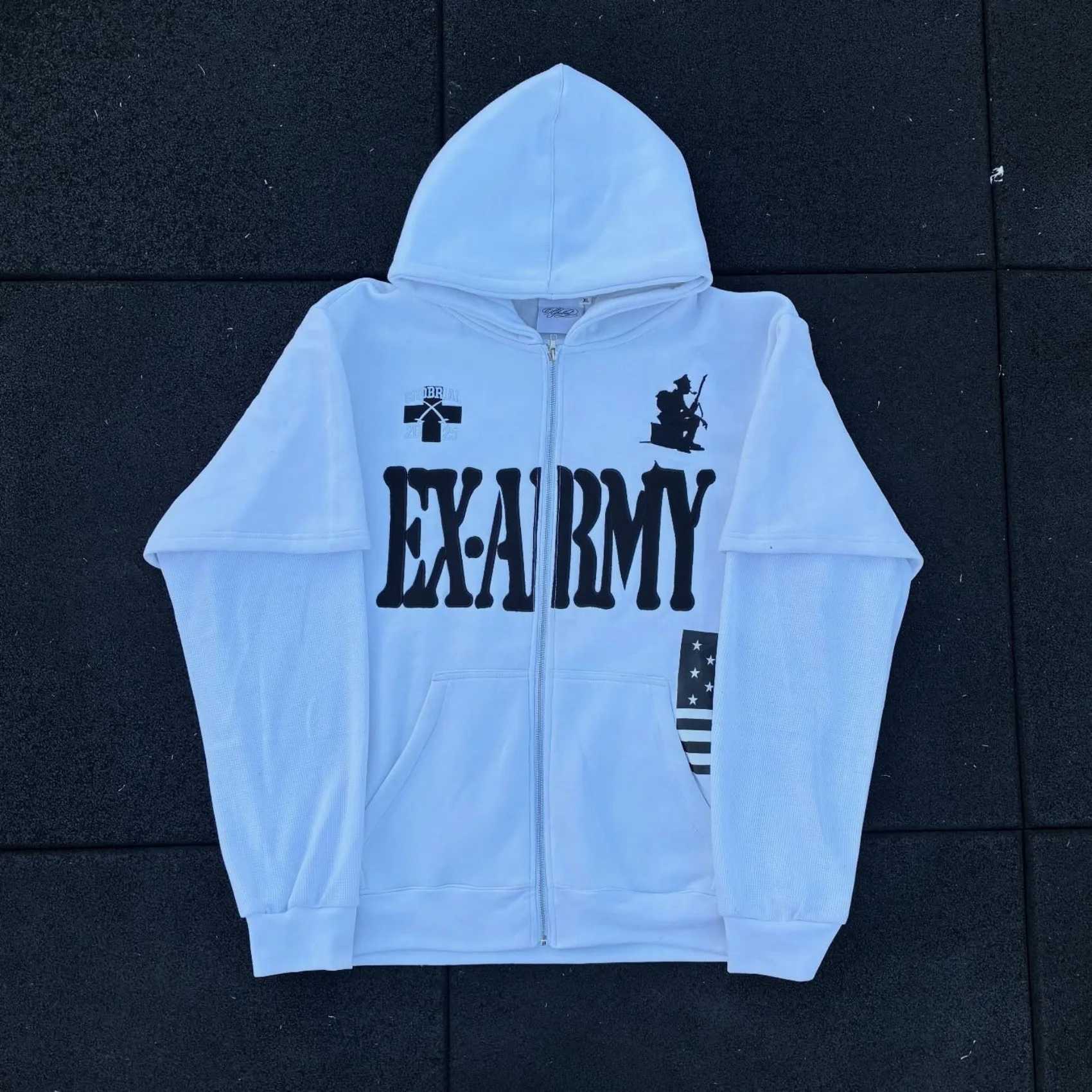 ins American Zipper Printed Sweatshirt Spliced Long Slve Pullover Hoodie Retro Jacket Strt West Coast Wear Vintage Trend S260805MZM2