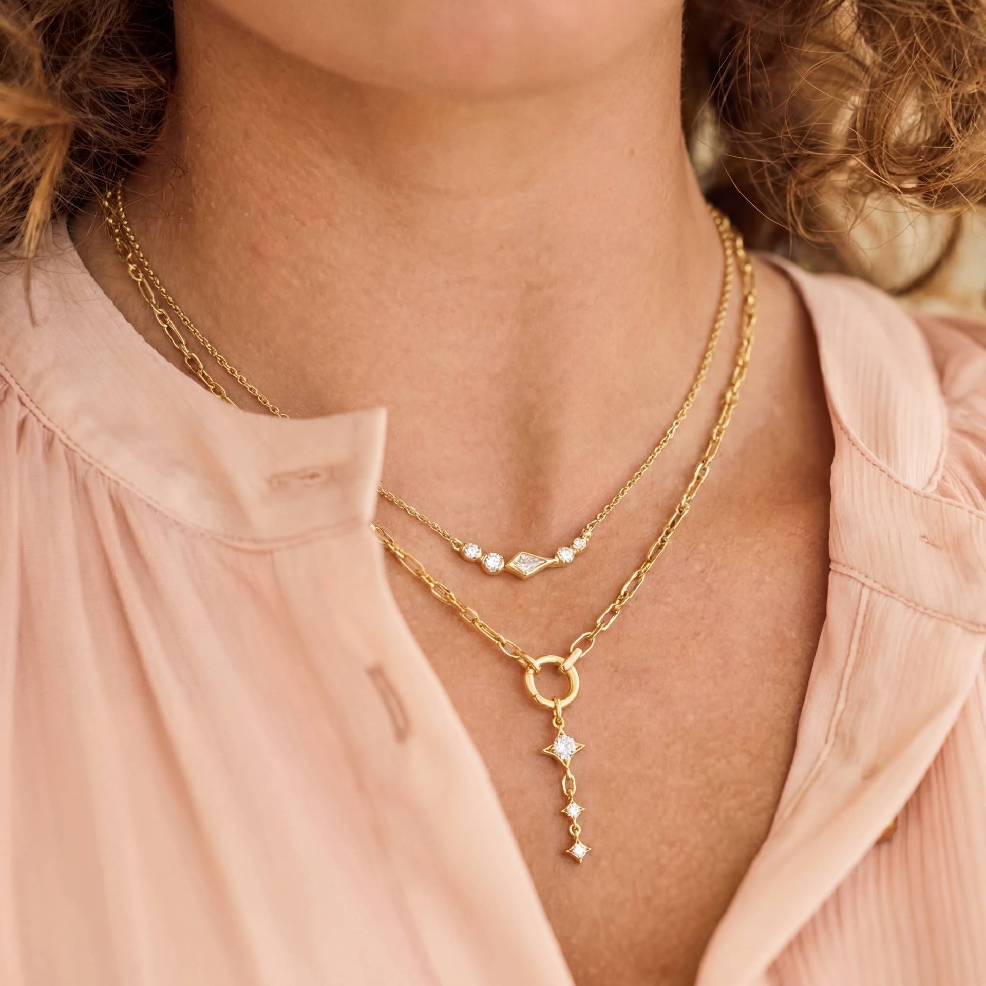 New French-style light luxury layered necklace with star-shaped round water drop zirconia clavicle chain in titanium steel