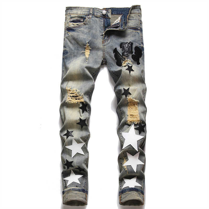 Amr European-style men's ripped and patched denim pants Korean fashion stretchy slim-fit skinny jeans with embroidered black and white leather