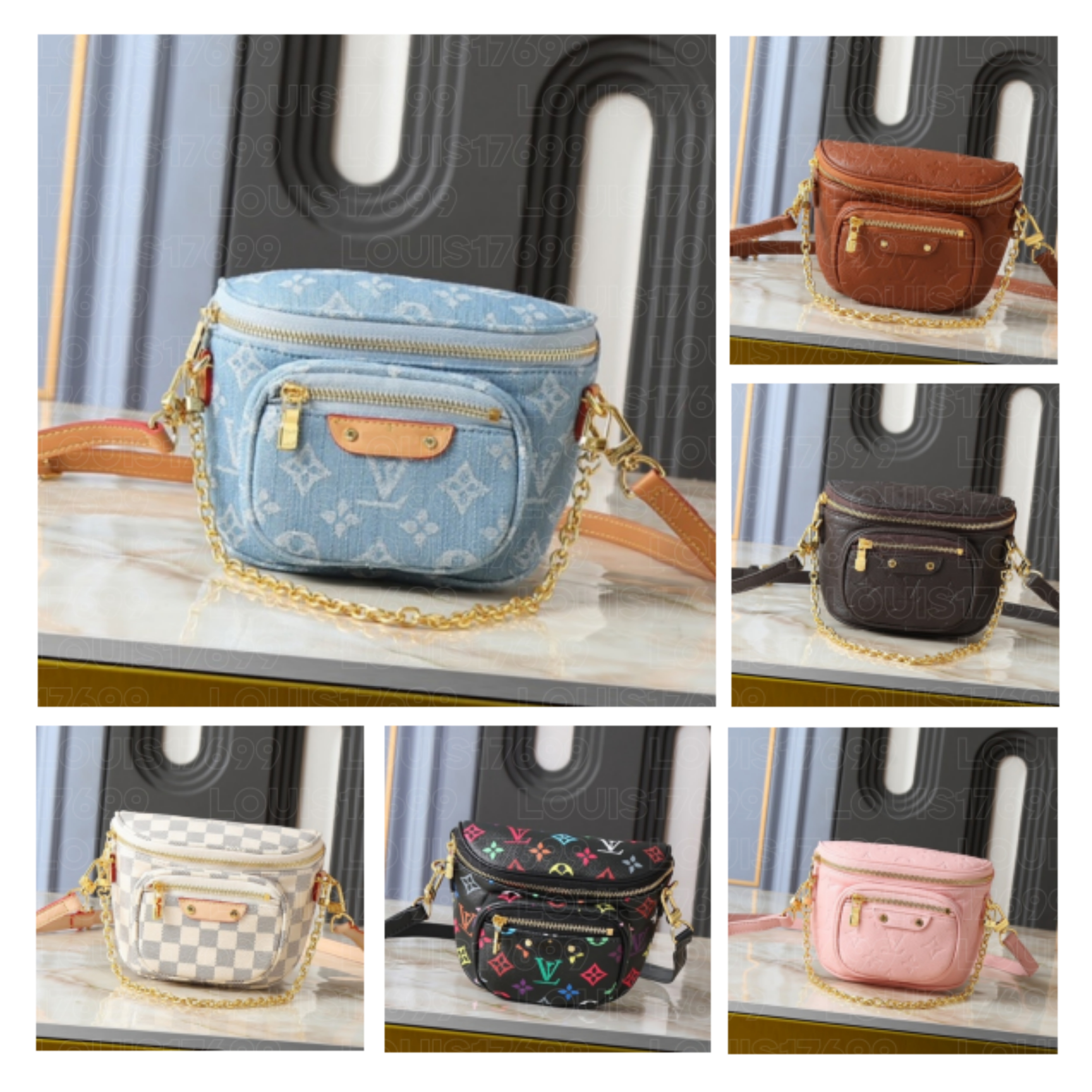 10A top Luxury Design Women Denim Mini Bumbag Monogram Print Waist Bag Gold Chain Crossbody Shoulder Bag Ladies Casual Chest Fanny Purse Purse Walle
