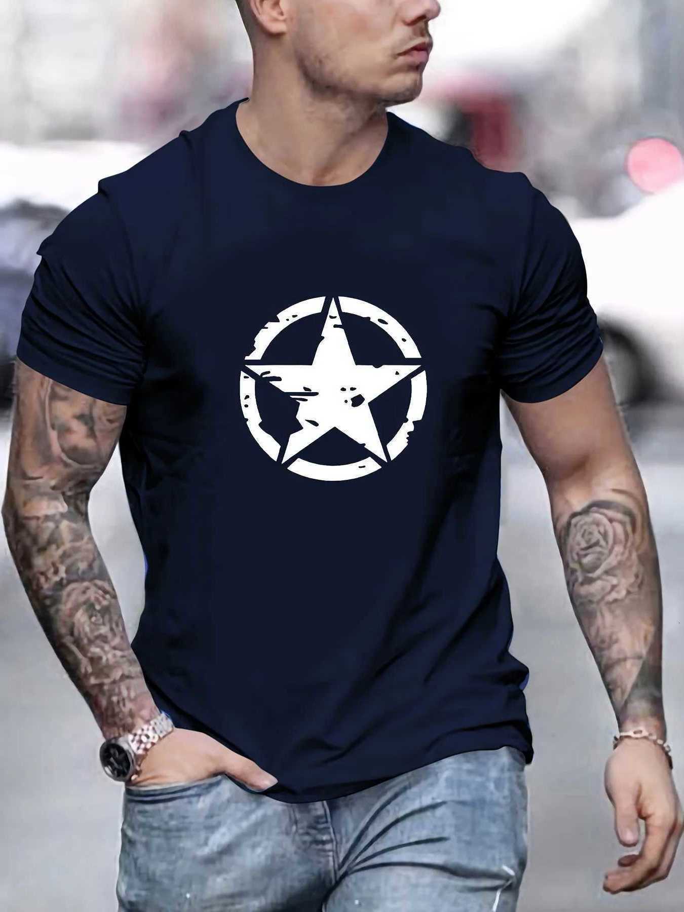 Mens Summer Fashion Casual T-Shirt with Oversized Star Print Short-Sve 100 Cotton Suitable for Daily Sports D260805