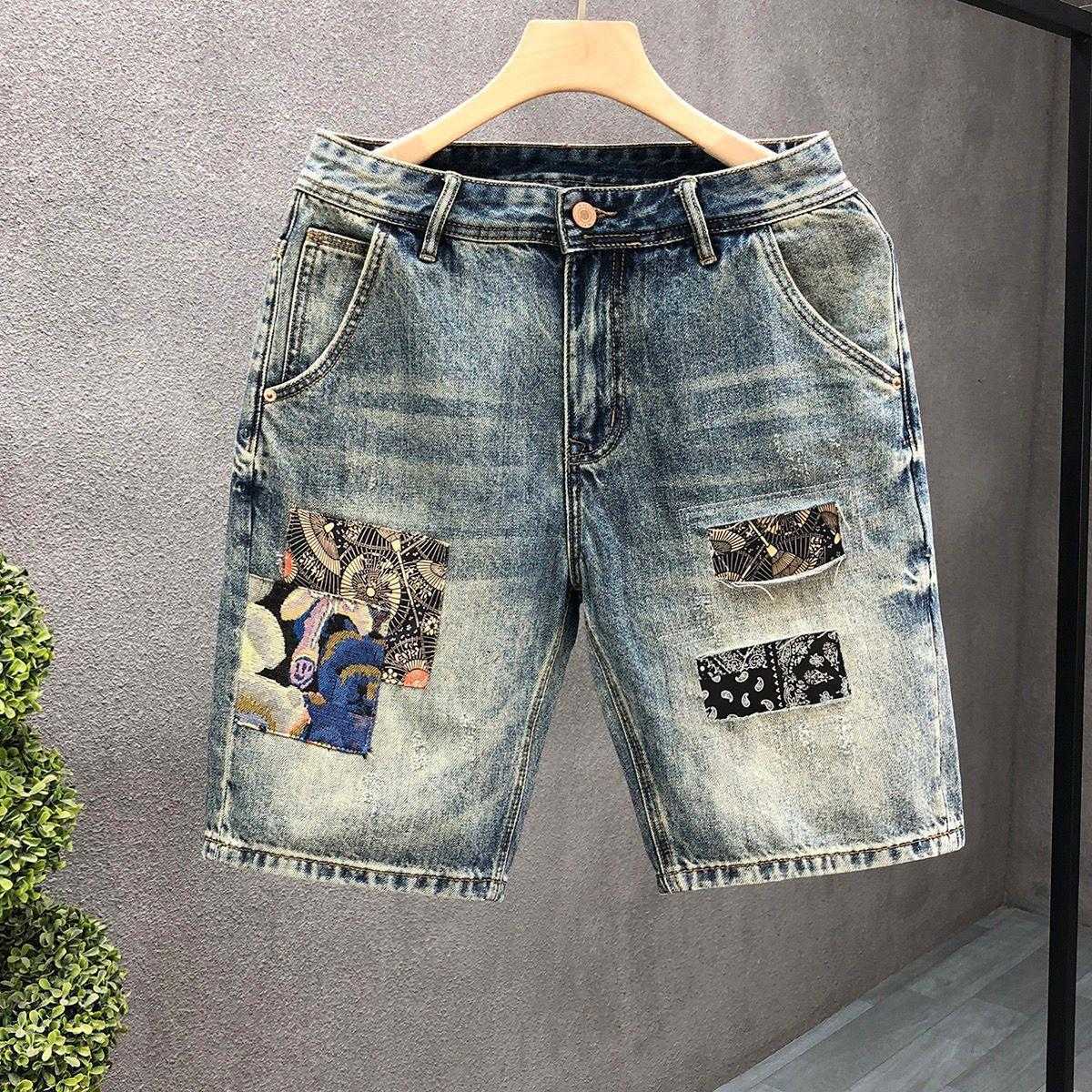 Trendy Patch Embroidered Denim Shorts for Men Loose Fit Mid-Length Pants 2026 Summer New Style Lightweight Men's Shorts S2608044A45