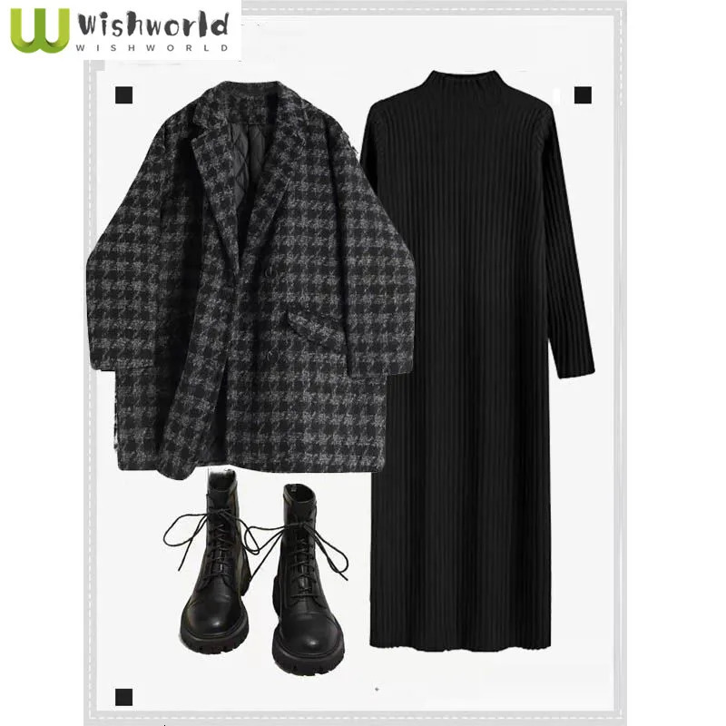 Autumn and Winter Women's Set Korean Checkered Jacket Paired with Slim and Loose Long Sleeved Knitted Dress Two-piece Set 260805