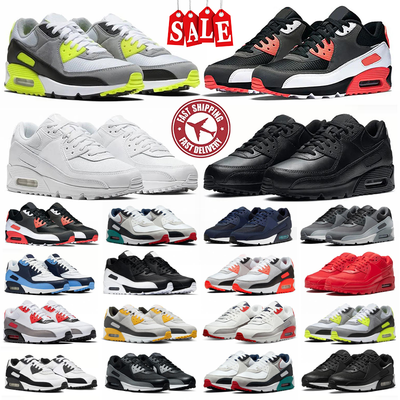 Free shipping Designer Men 90 Running Shoes Sneakers Fashion Classic Triple Black White Neon Yellow Grey Olive Midnight Navy thick bottom Trainers S