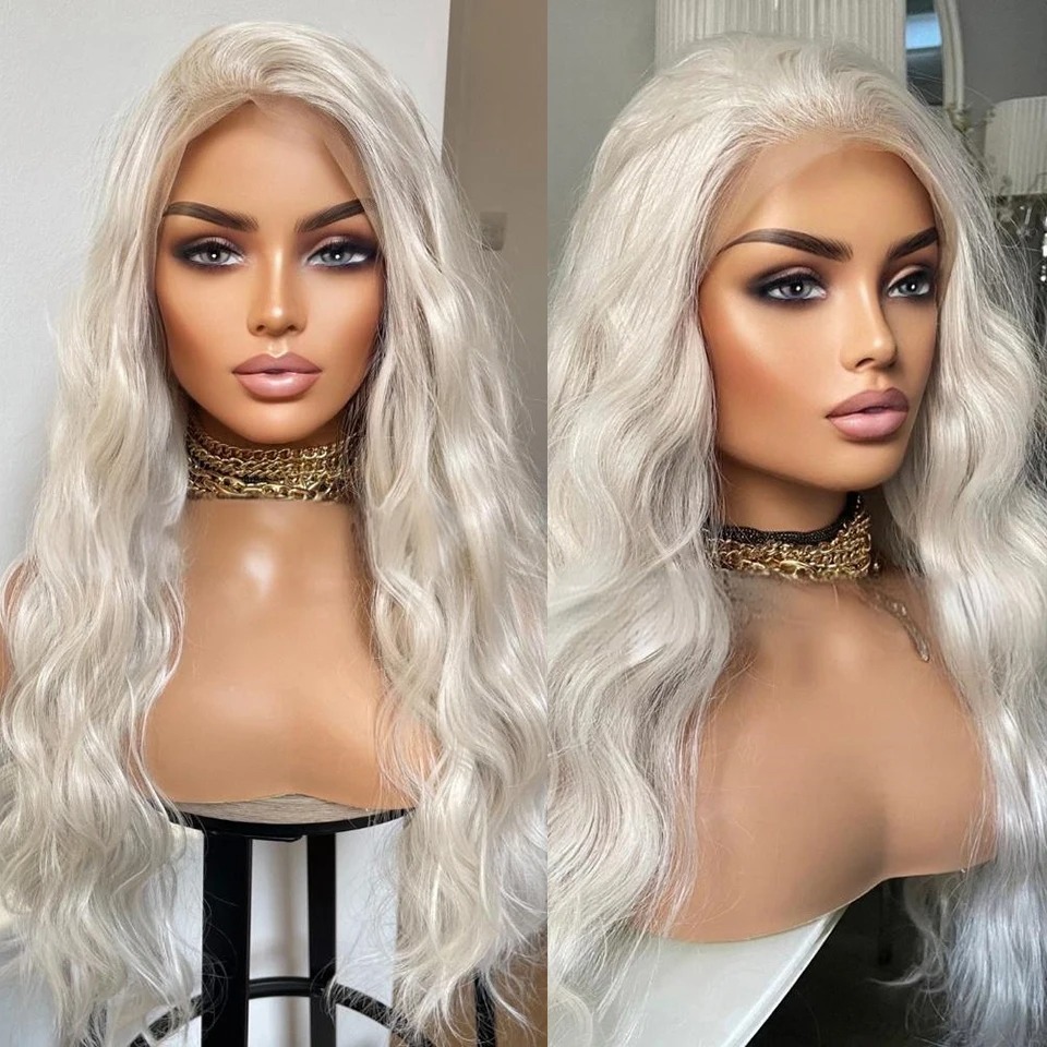 Platinum Blonde 13x4 Lace Front Wigs for Women Long Loose Wave Synthetic Hair Heat Resistant Natural Hairline Preplucked Layered Middle Part Wig Glu